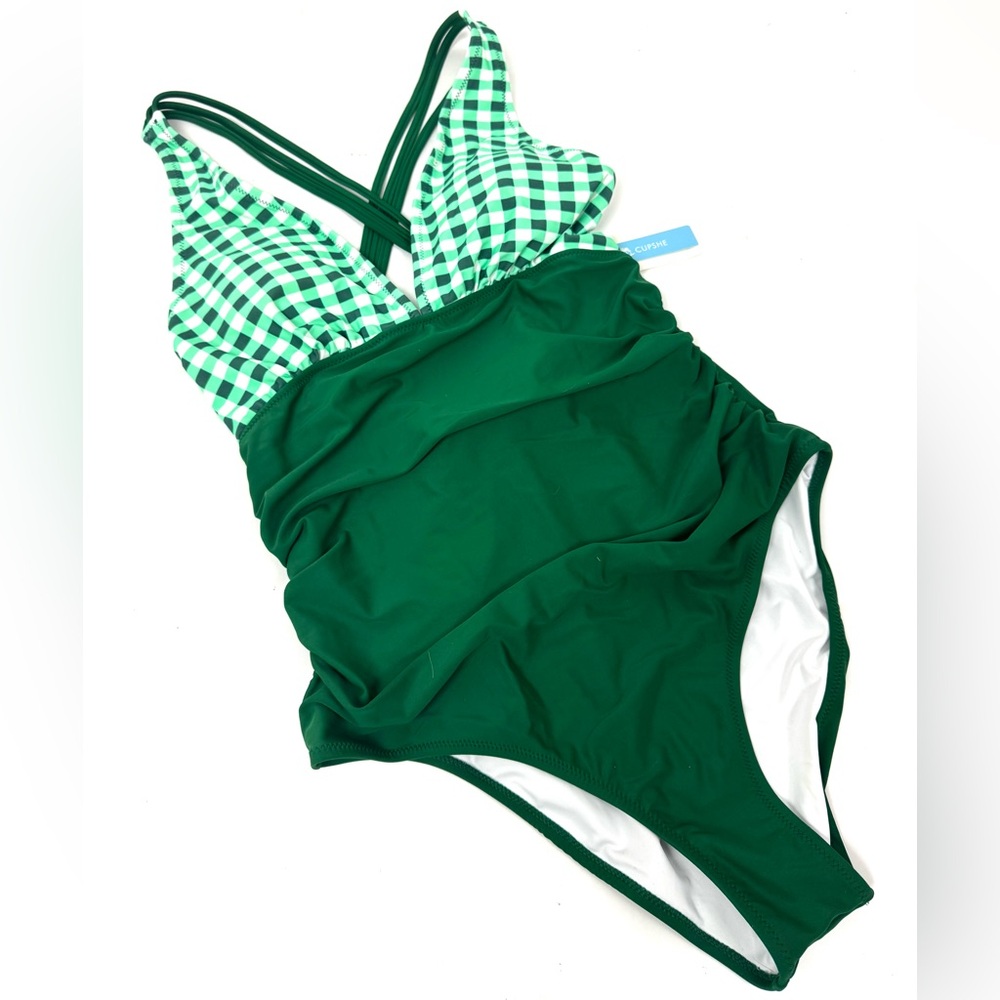 Green One Piece V Neck Slimming Swimwear Tummy Control L